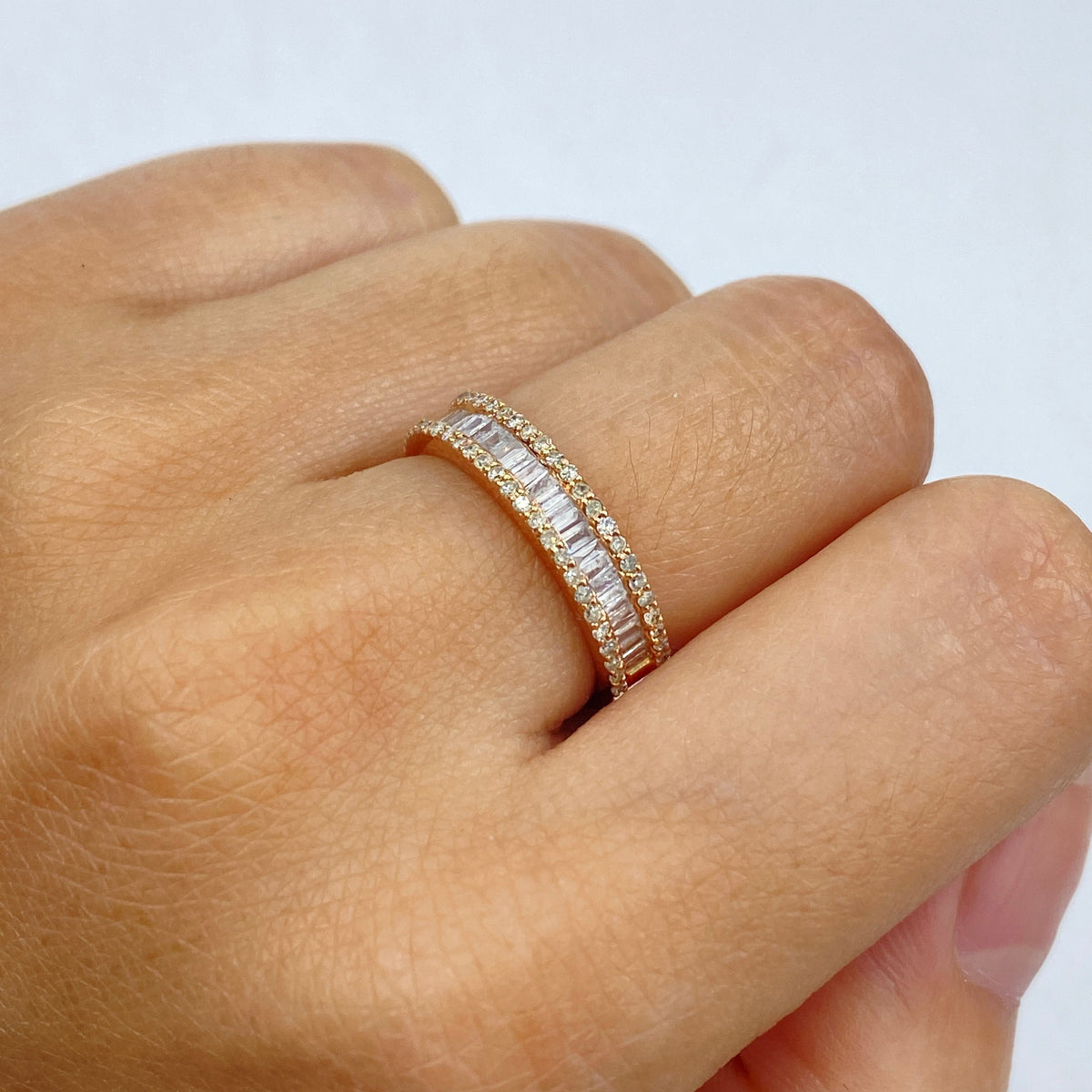 10K Gold Diamond Baguette Band in rose gold, 4.3mm - close-up product photo