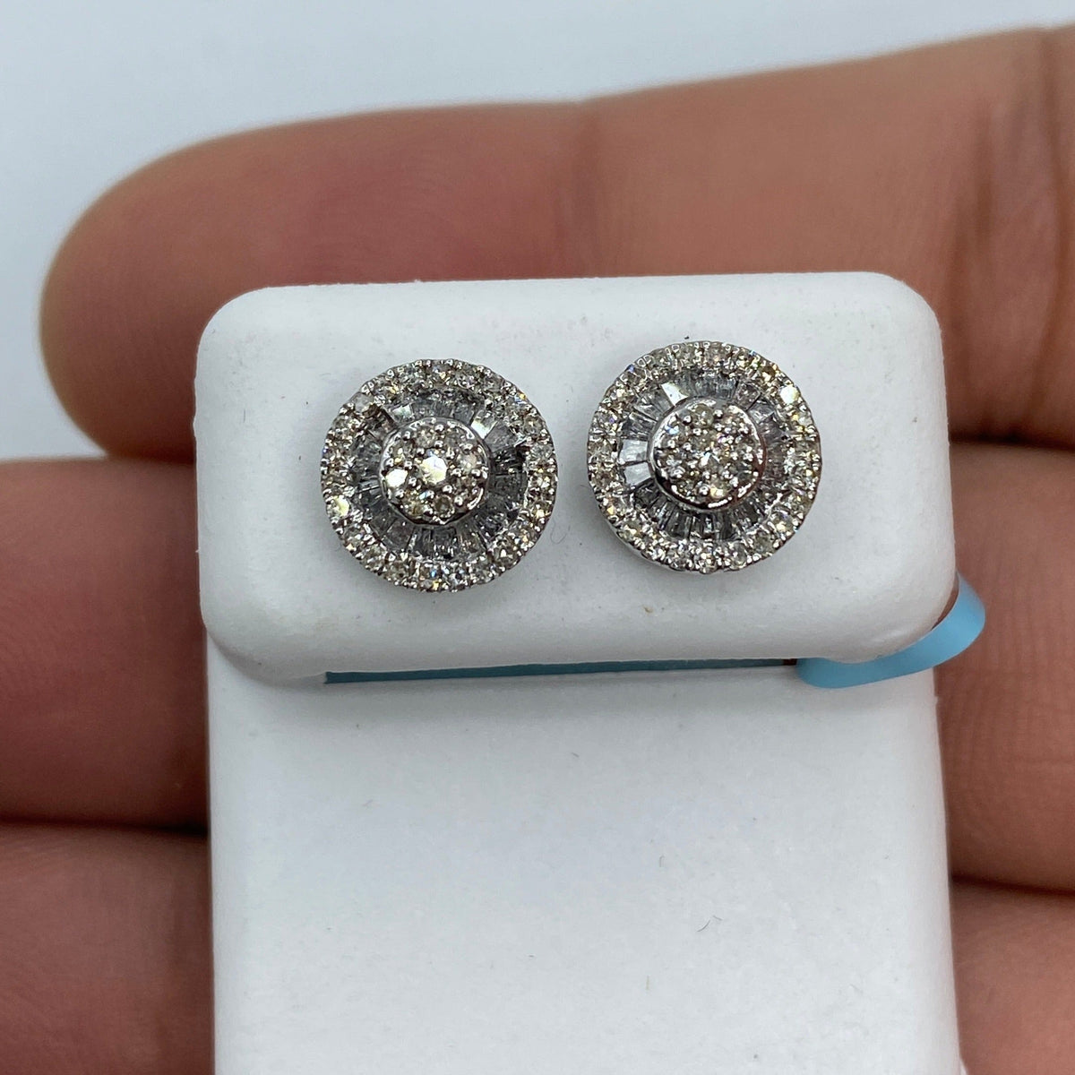 14K Gold Circle Gutter Diamond Baguette Earrings in white gold - close-up product photo