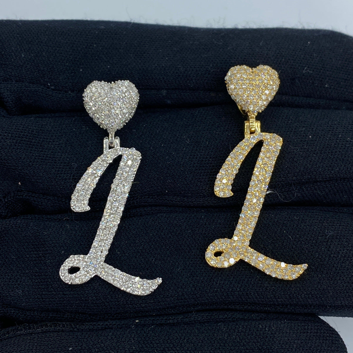 14K Gold Script Initial Letter Heart Diamond Pendants Full Collection in yellow gold - close-up product photo