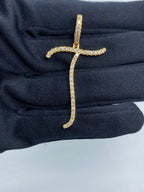 14K Gold Initial T Large Script Diamond Pendant in yellow gold - close-up product photo