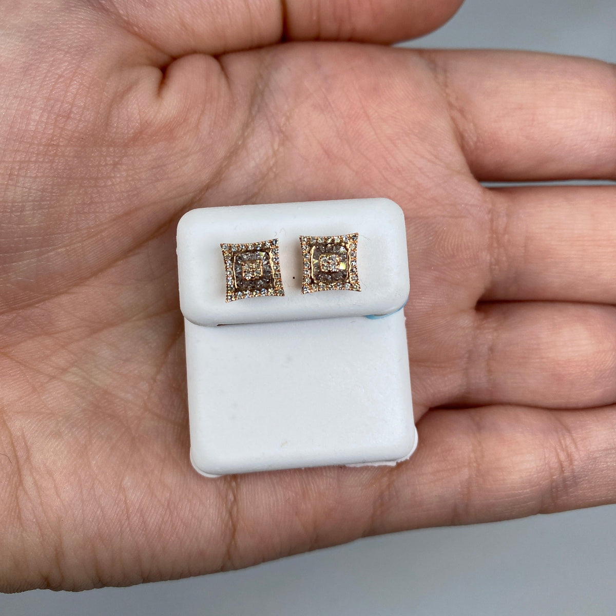 14K Gold Square Crown Diamond Baguette Stud Earrings in rose gold - close-up product photo