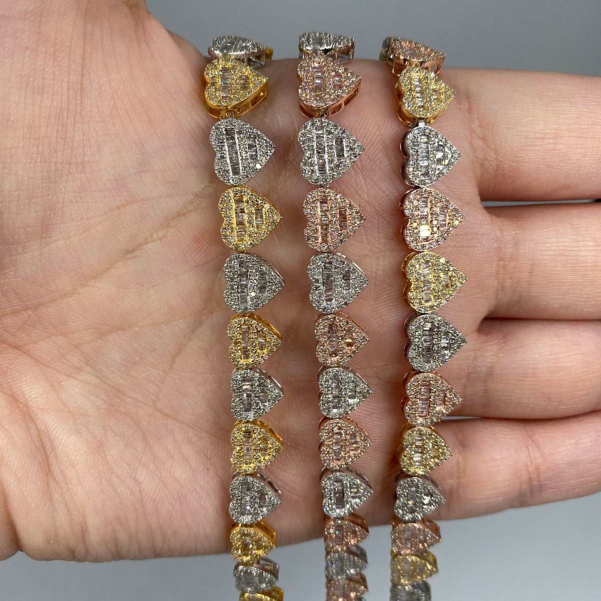 10K Gold 9mm Multi-Color Hearts Link Diamond Baguette Bracelet 6.5-7.5 - additional product view 2
