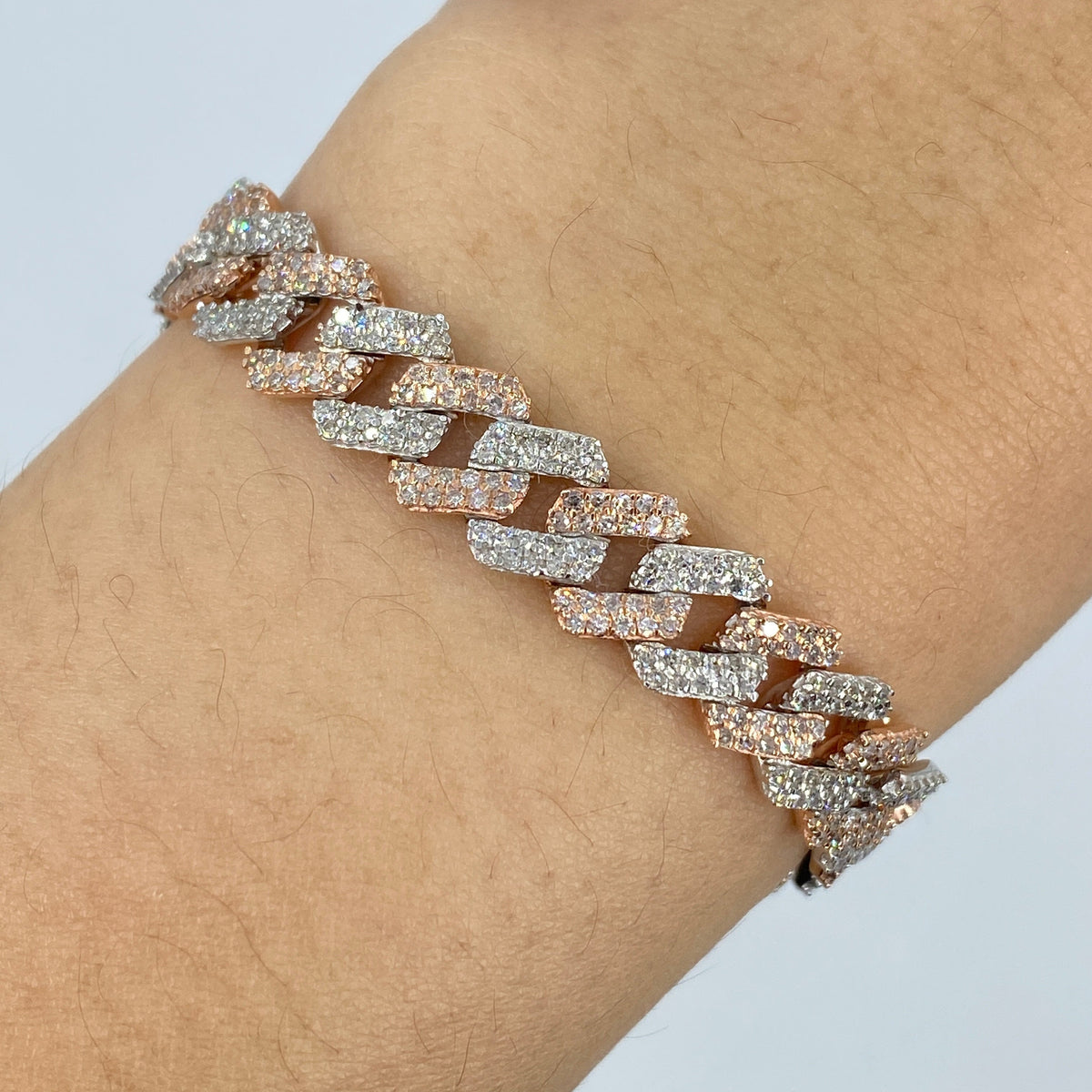 10K Gold 8mm Cuban Link Diamond Bracelet 7.5 in in two-tone (white & rose) - close-up product photo