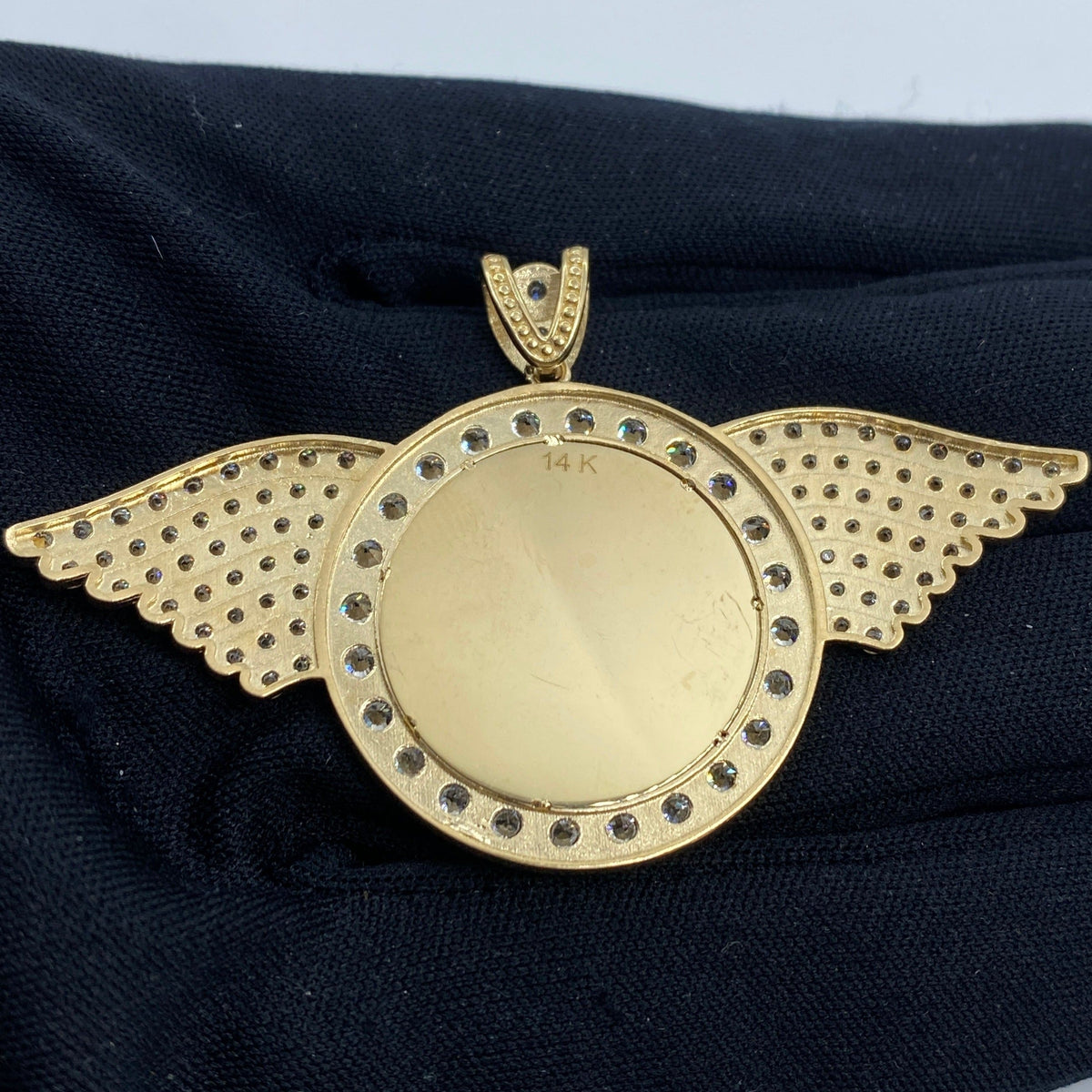 14K Gold Circle Angel Wings Picture Photo CZ Pendant - additional product view 4