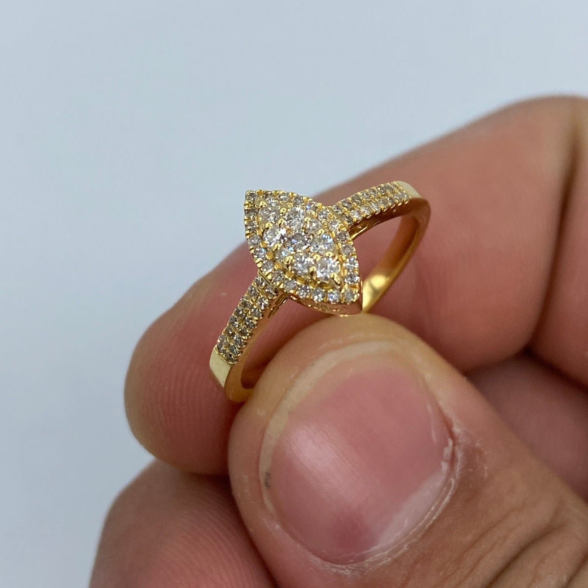14K Gold Almond Diamond Engagement Ring in yellow gold - close-up product photo