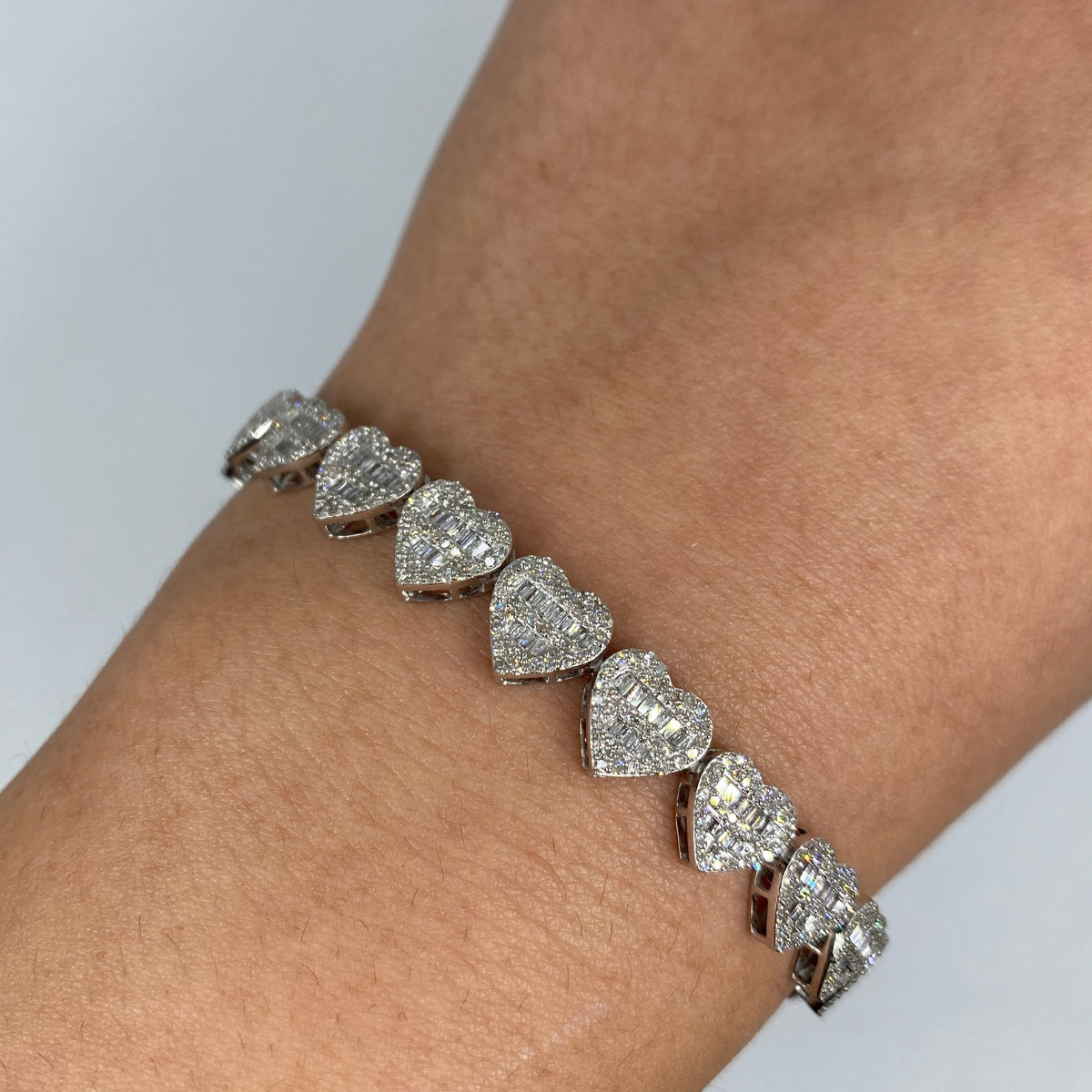 14K Gold 9mm Hearts Link Diamond Baguette Bracelet 6.5–7.5 in in white gold, 6.5" - close-up product photo