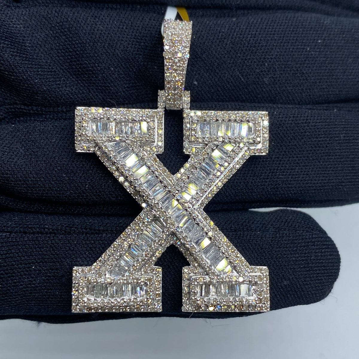 10K Gold Varsity Initial Letter Diamond Baguette Pendants Full Collection in white gold - close-up product photo