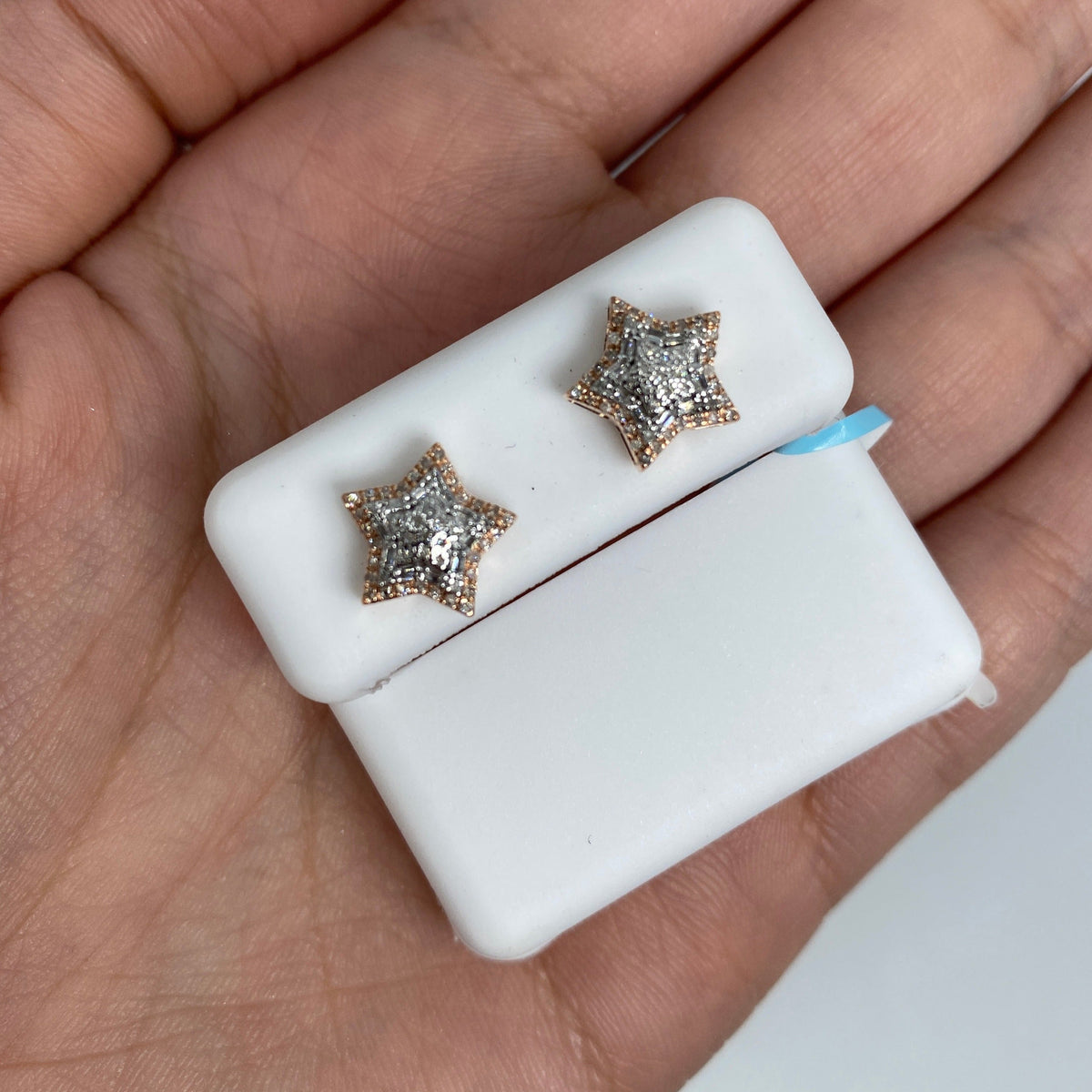 14K Gold 3D Star Diamond Earrings in rose gold - close-up product photo
