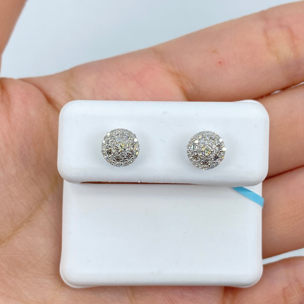 14K Gold 3D Circle Halo Diamond Baguette Earrings in white gold - close-up product photo