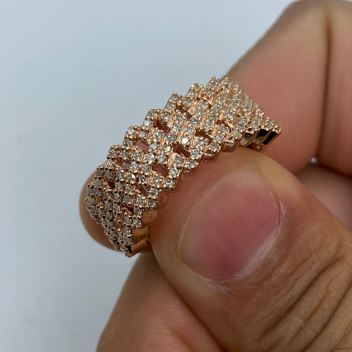 10K Gold Double Cuban Link Diamond Ring in rose gold - close-up product photo