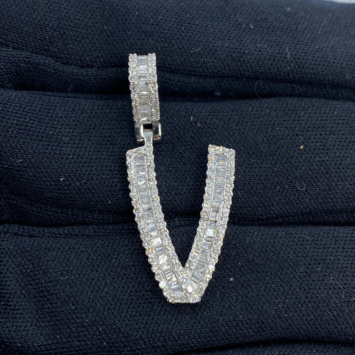 14K Gold Initial V Diamond Baguette Pendant in white gold, Small - close-up product photo