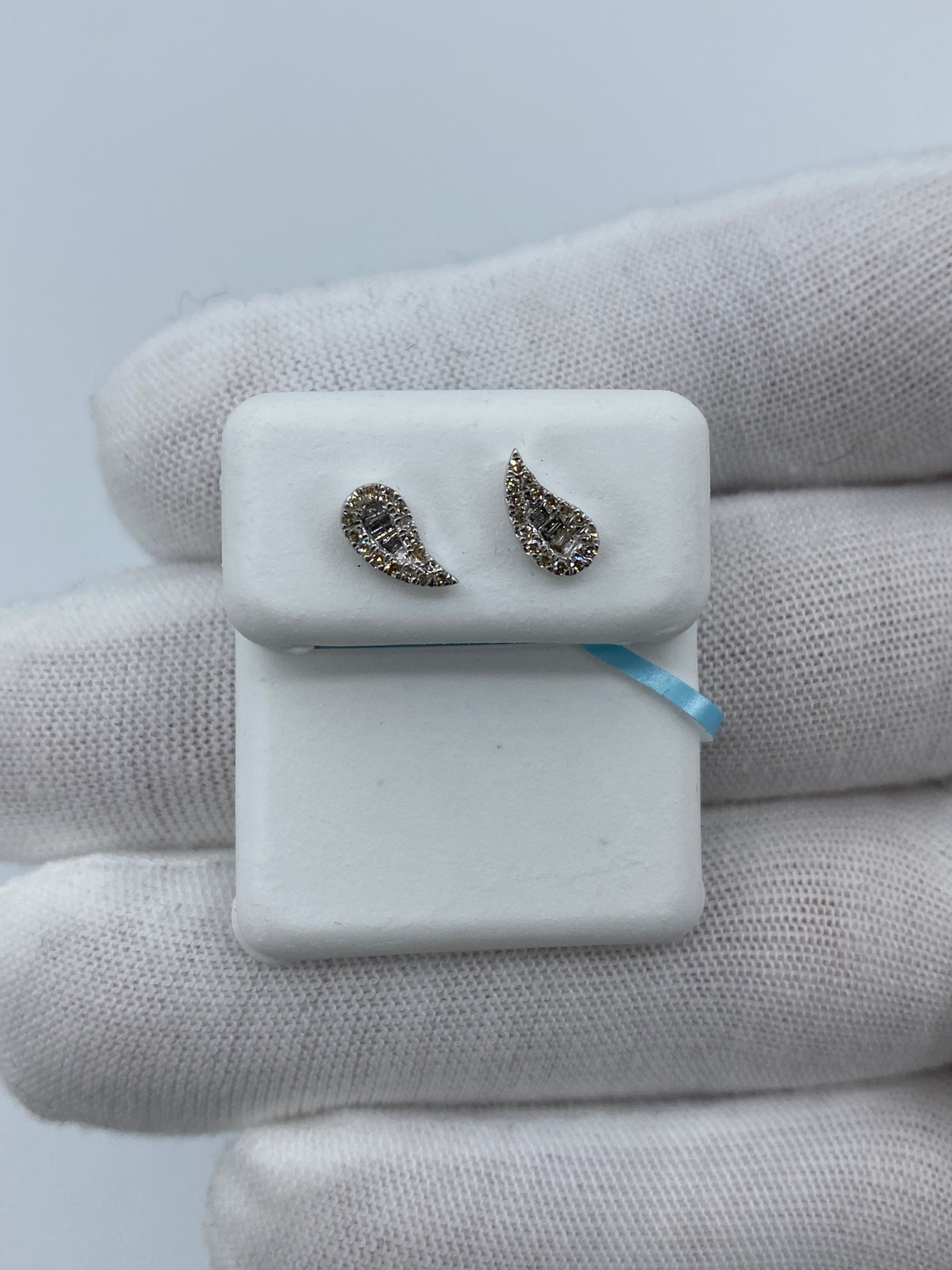 14K Gold Small Tear Shape Diamond Baguette Earrings in white gold - close-up product photo