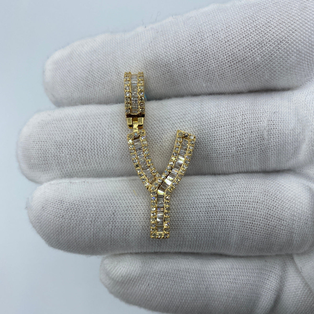 14K Gold Initial Y Diamond Baguette Pendant in yellow gold, Large - close-up product photo