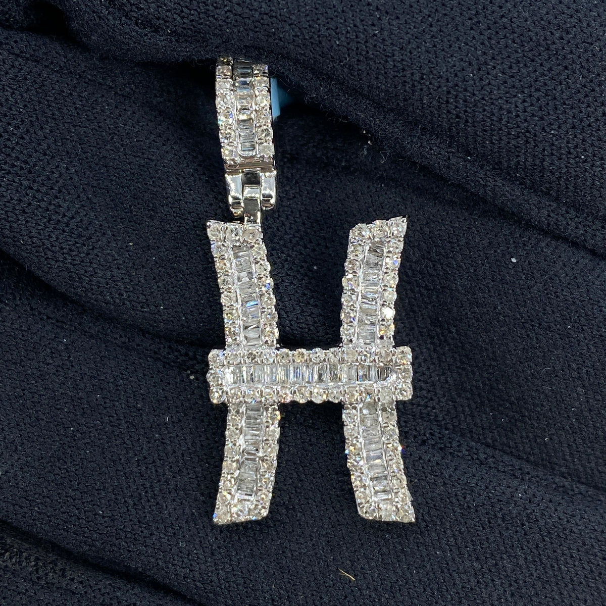 14K Gold Initial H Diamond Baguette Pendant in white gold, Small - close-up product photo