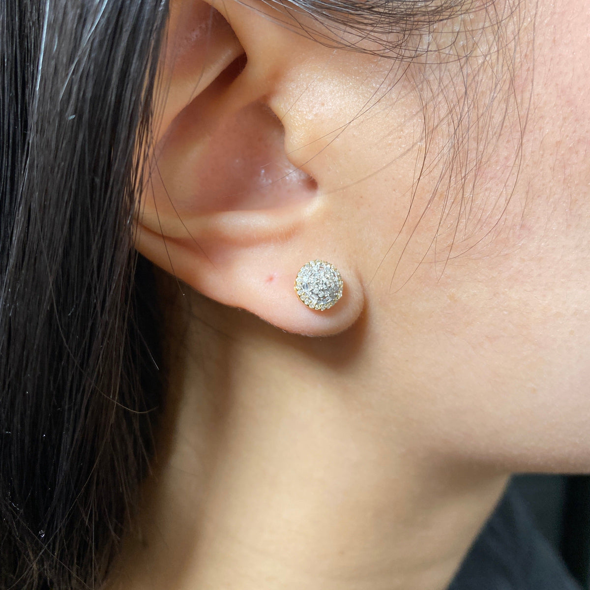 14K Gold 3D Circle Halo Diamond Baguette Earrings - additional product view 3