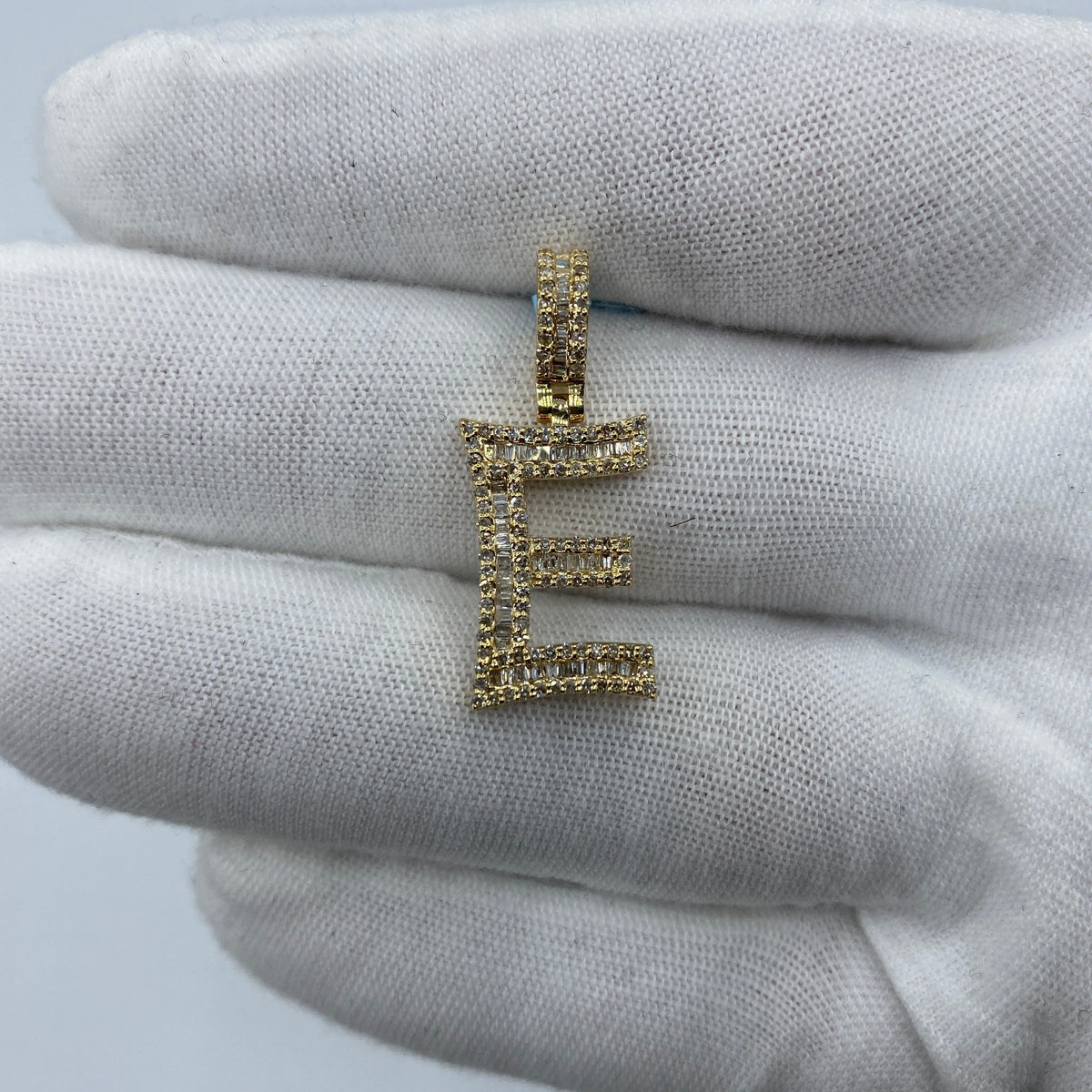 14K Gold Initial E Diamond Baguette Pendant in yellow gold, Small - close-up product photo