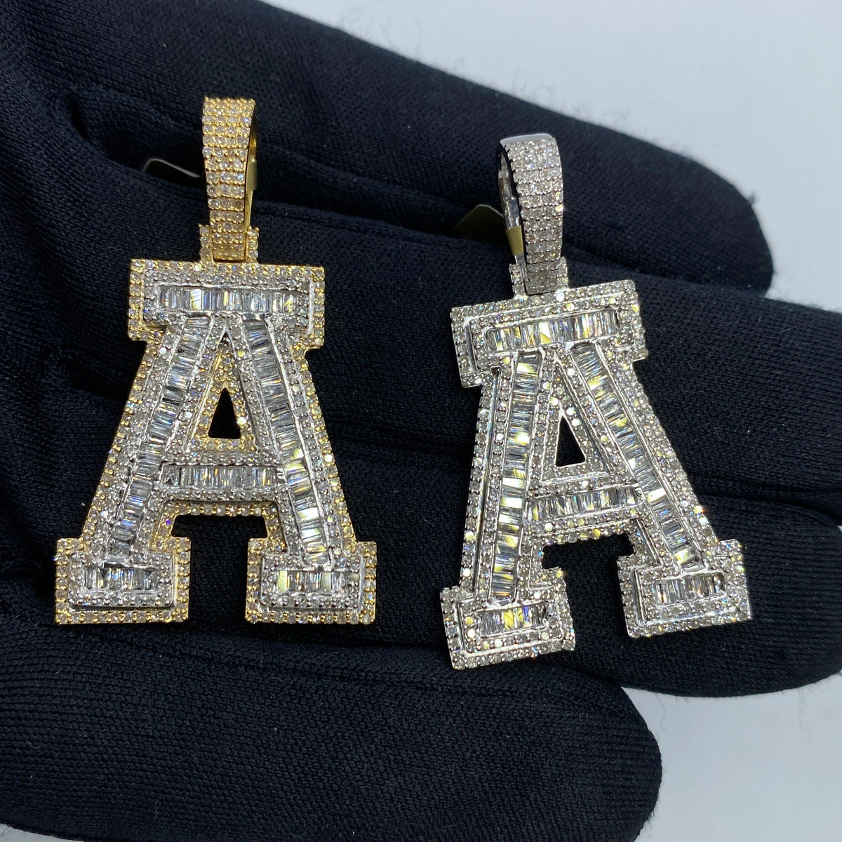 10K Gold Varsity Initial Letter Diamond Baguette Pendants Full Collection in yellow gold - close-up product photo