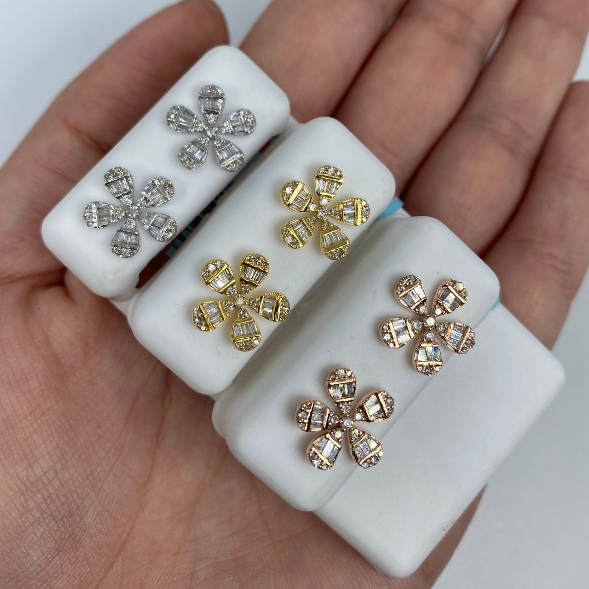 14K Gold Flower Baguette Diamond Earrings - additional product view 2