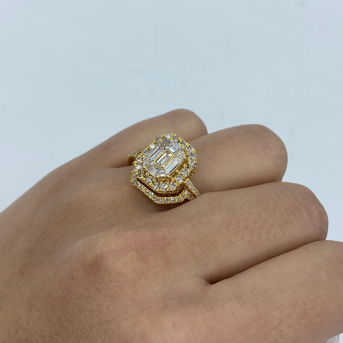 14K Gold Jumbo Rectangle Stacked Diamond Baguette Engagement Ring in yellow gold - close-up product photo