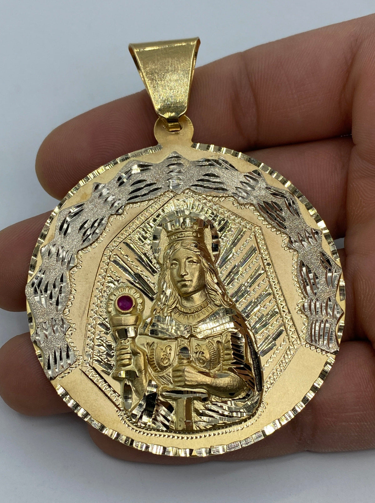 14K Gold Saint Barbara Round Medallion Pendant 3.25 in - additional product view 2