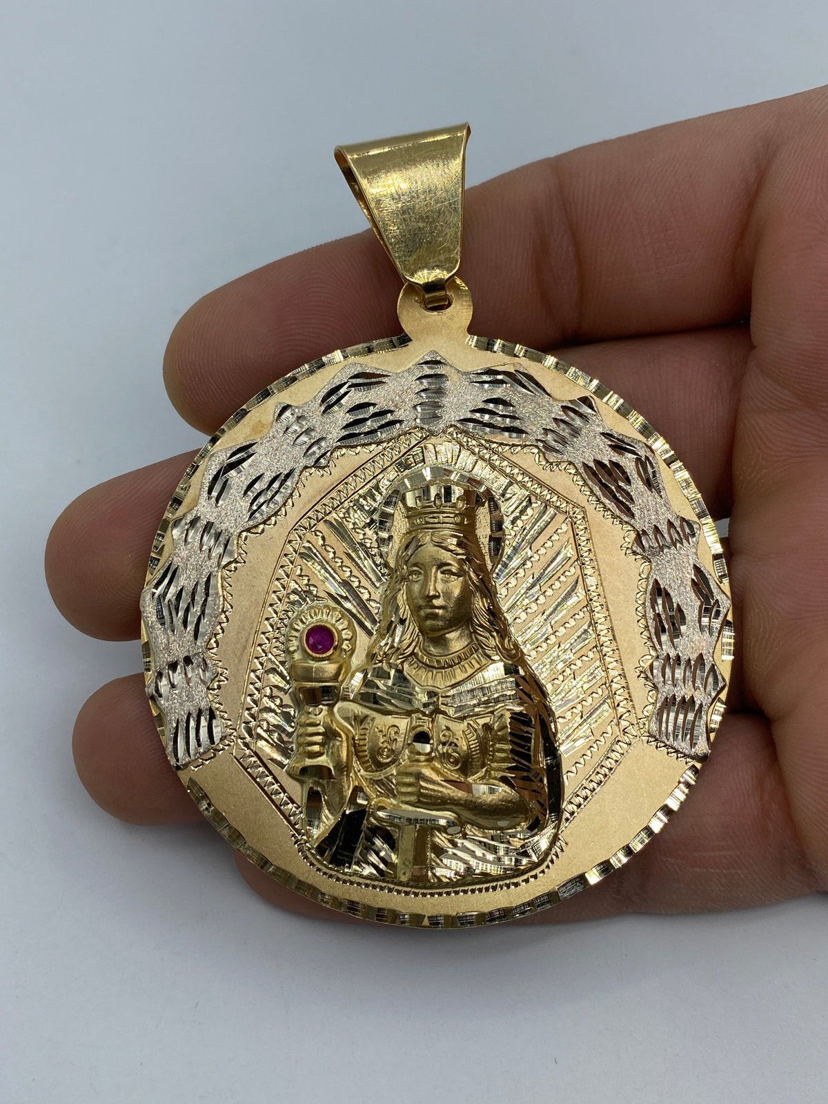 14K Gold Saint Barbara Round Medallion Pendant 3.25 in - additional product view 5
