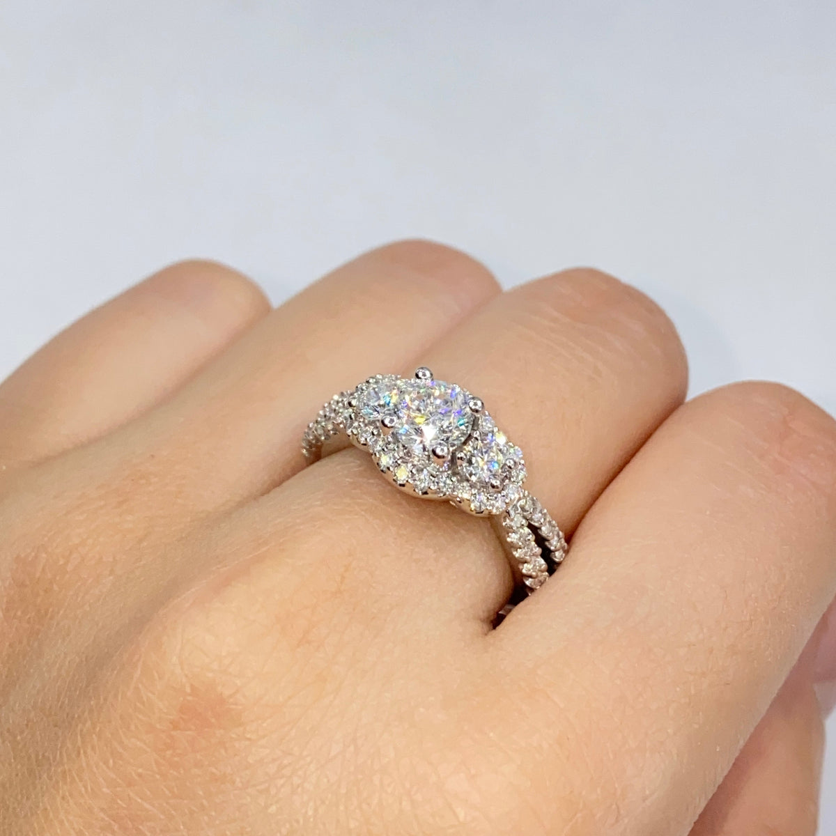 14K Gold Three Stone Halo Diamond Engagement Ring - additional product view 2