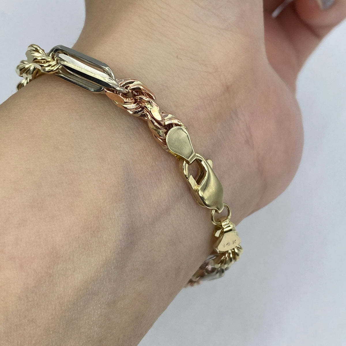 14K Gold 5.5mm Tri-Color Figaro Rope Link Bracelet 8 in - additional product view 3
