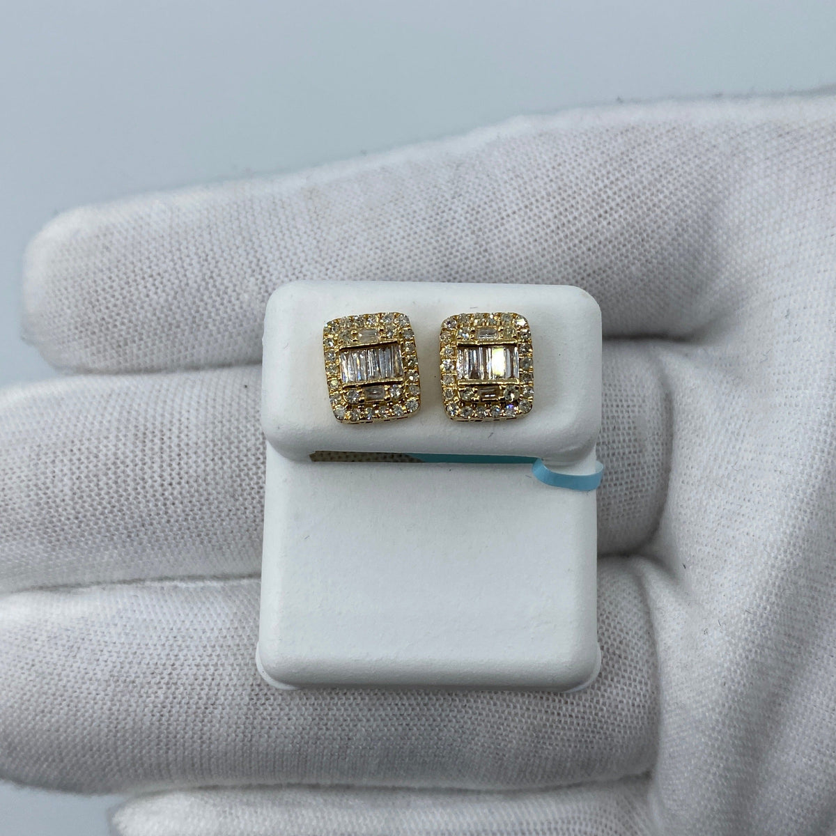 14K Gold Jumbo Rectangle Halo Diamond Baguette Earrings in yellow gold - close-up product photo