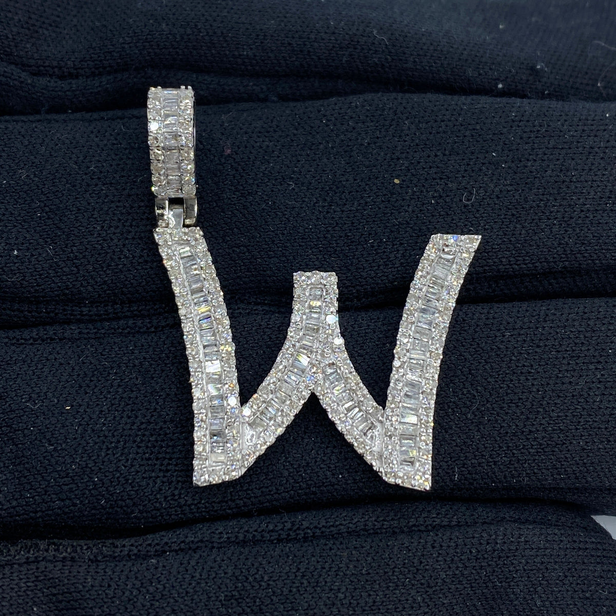14K Gold Initial W Diamond Baguette Pendant in white gold, Small - close-up product photo