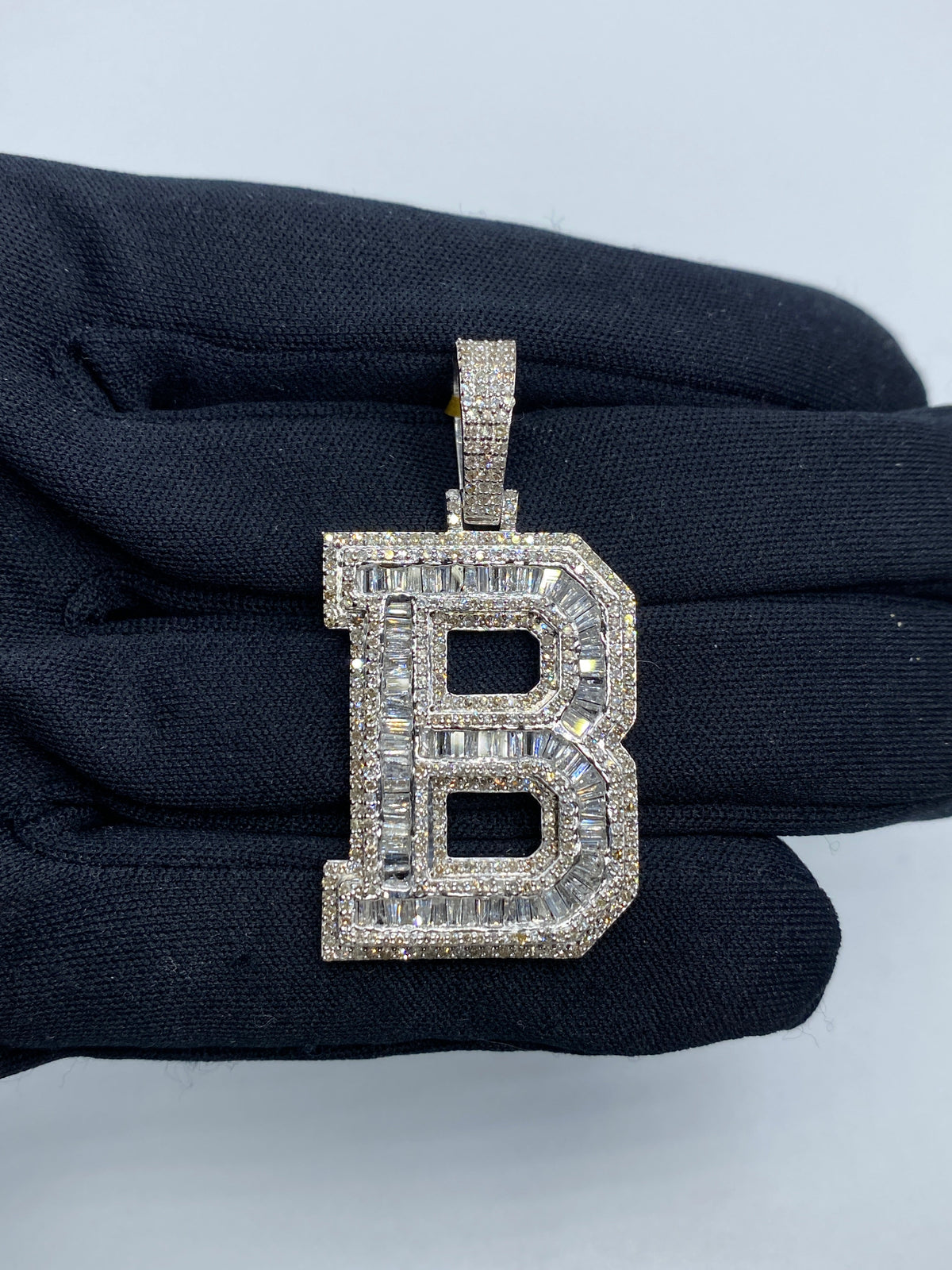 Initial B Baguette Diamond Pendant in white - close-up product photo