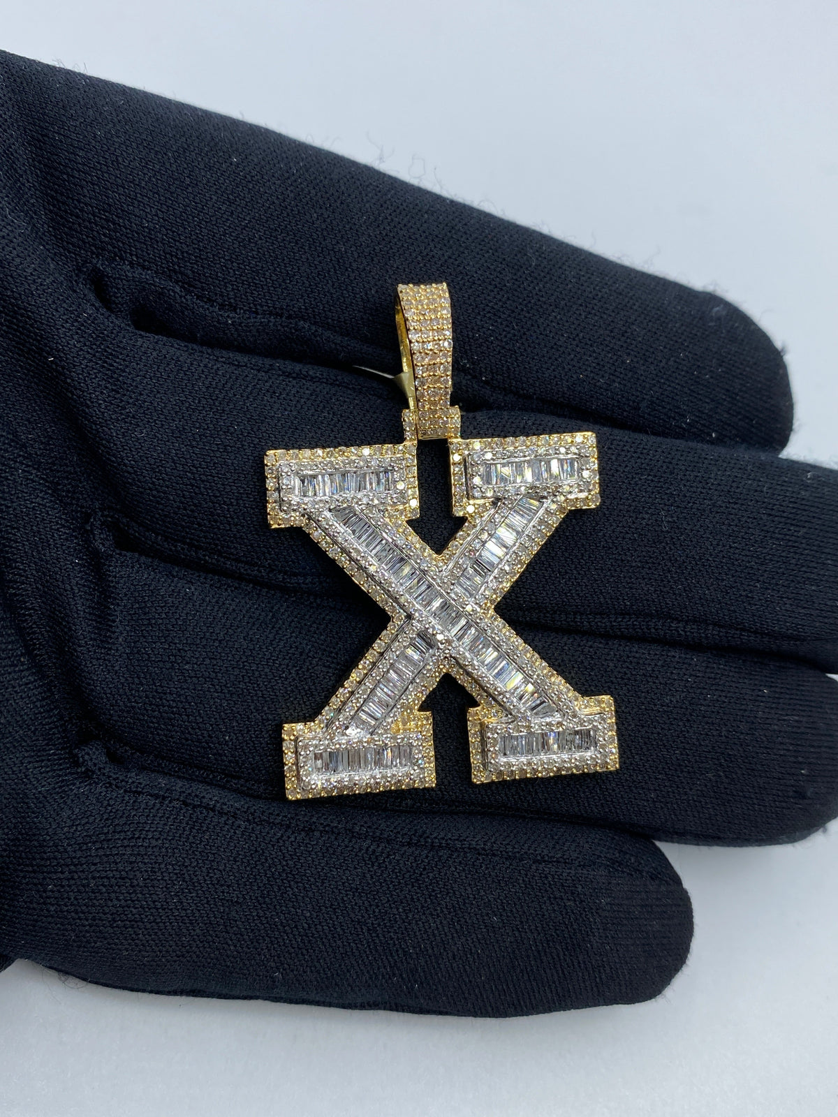 Initial X Baguette Diamond Pendant in yellow - close-up product photo