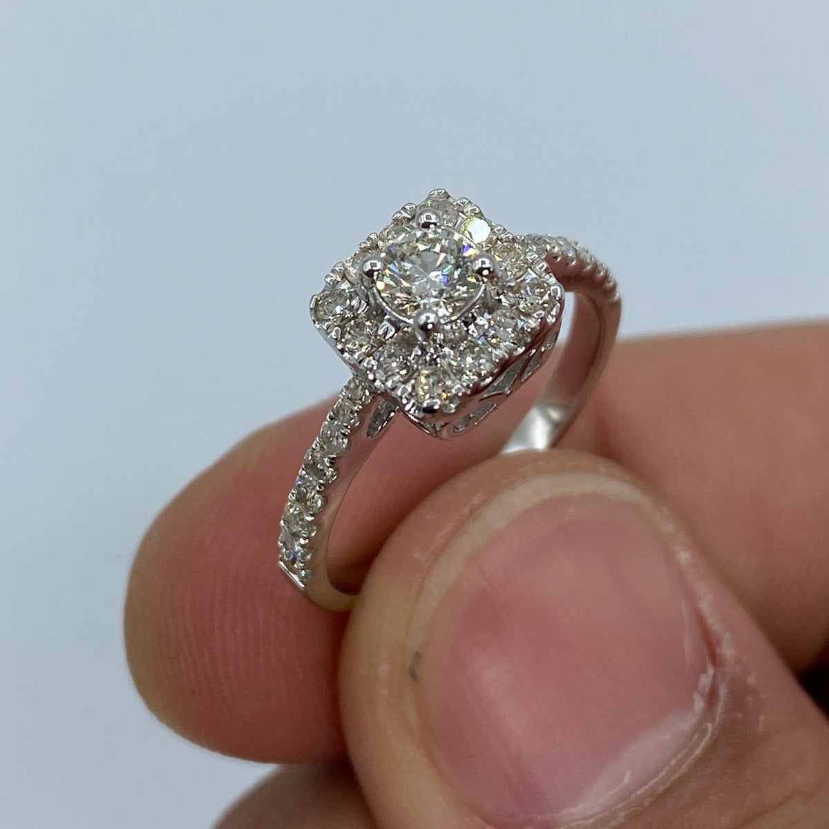 14K Gold Square Large Center Stone Diamond Engagement Ring in white gold - close-up product photo