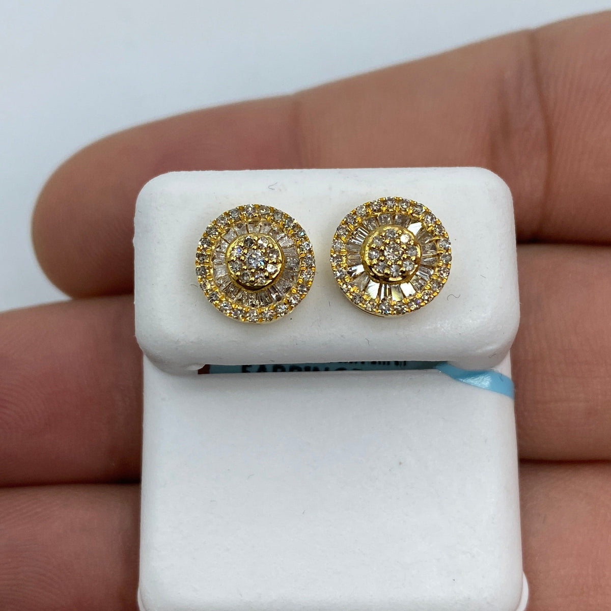 14K Gold Circle Gutter Diamond Baguette Earrings in yellow gold - close-up product photo