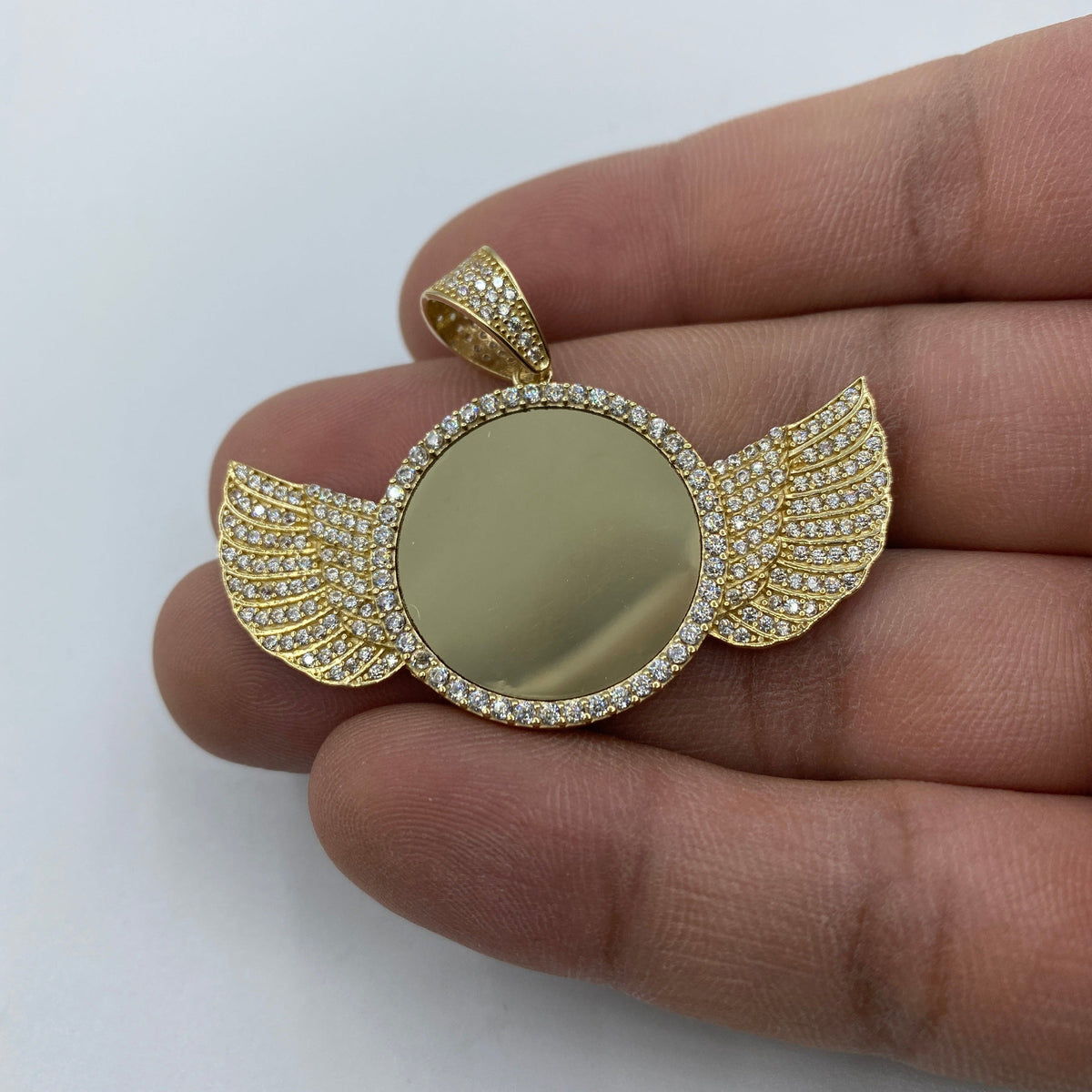 10K Gold Angel Wings Round Picture Photo CZ Pendant - additional product view 3