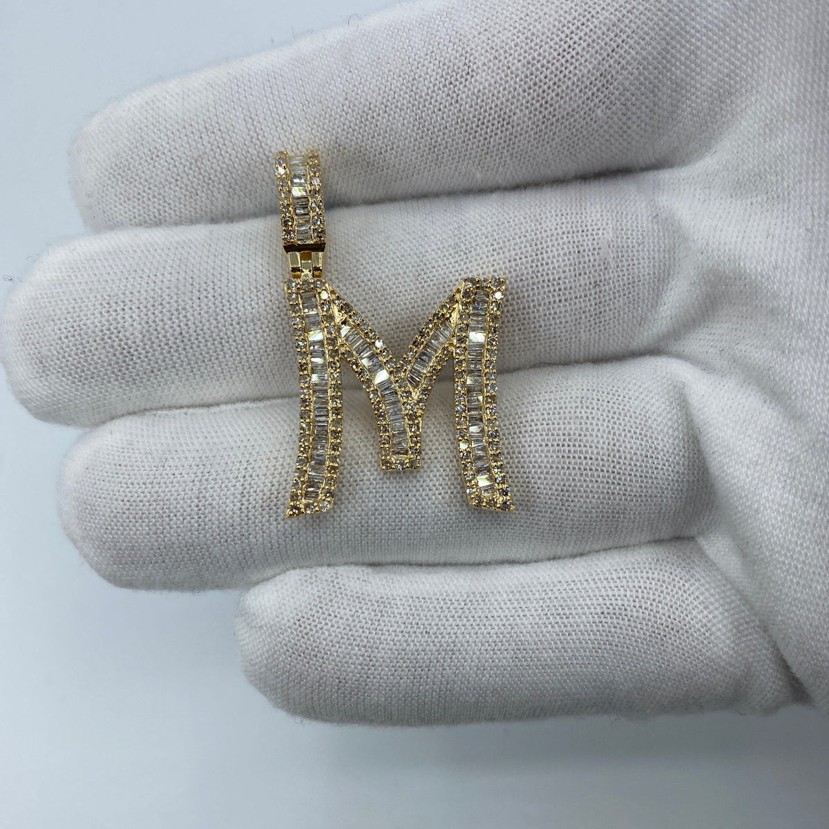 14K Gold Initial M Diamond Baguette Pendant in yellow gold, Large - close-up product photo