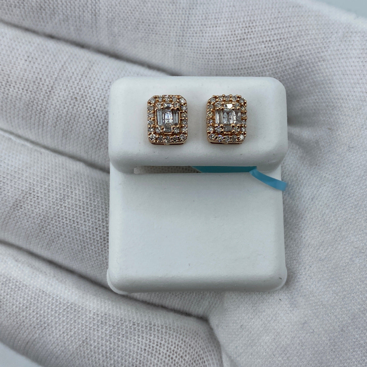 14K Gold Rectangle Halo Diamond Baguette Earrings in rose gold - close-up product photo