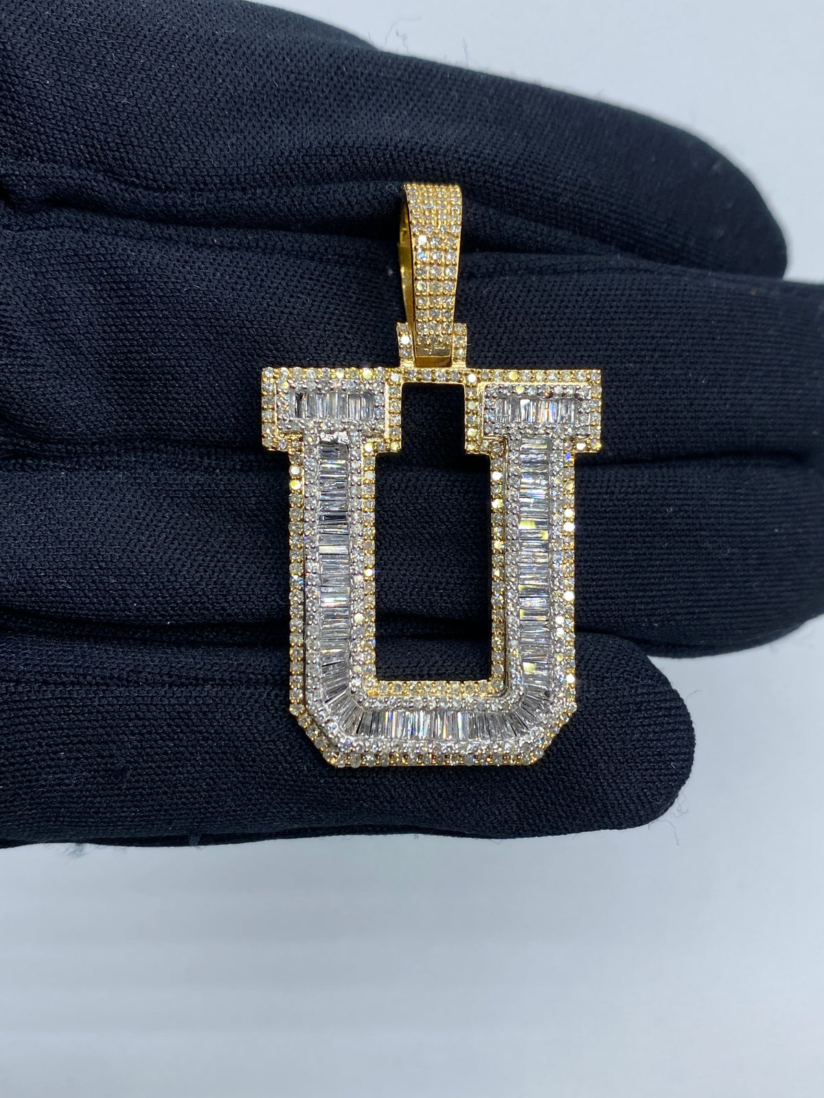 Initial U Baguette Diamond Pendant in yellow - close-up product photo