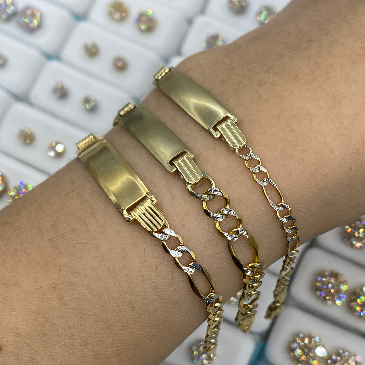 10K Gold Custom Name Plate Two-Tone Figaro Link Baby Diamond Bracelet - additional product view 2