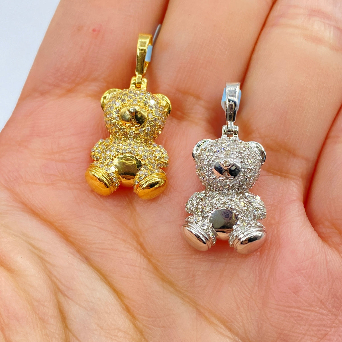 14K Gold Teddy Bear Diamond Pendant in white gold, Small - close-up product photo