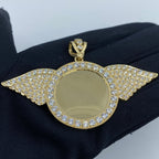 14K Gold Circle Angel Wings Picture Photo CZ Pendant - additional product view 2