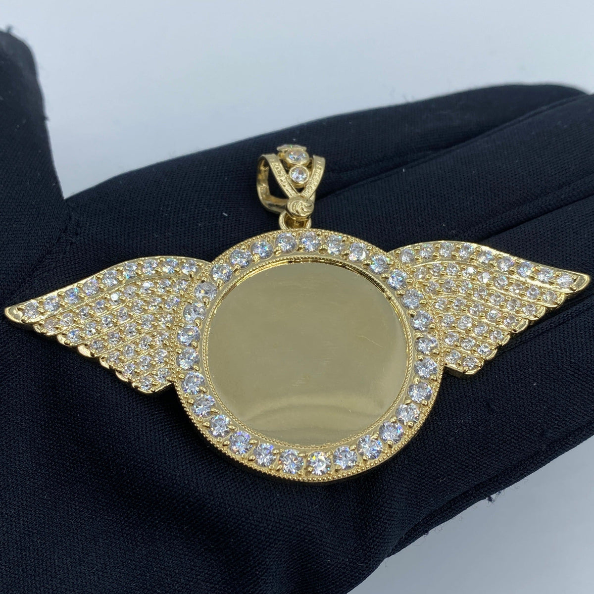 14K Gold Circle Angel Wings Picture Photo CZ Pendant - additional product view 2