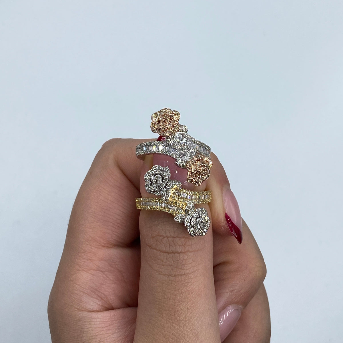 14K Gold Two-Tone Flower Diamond Baguette Bangle Ring - additional product view 5