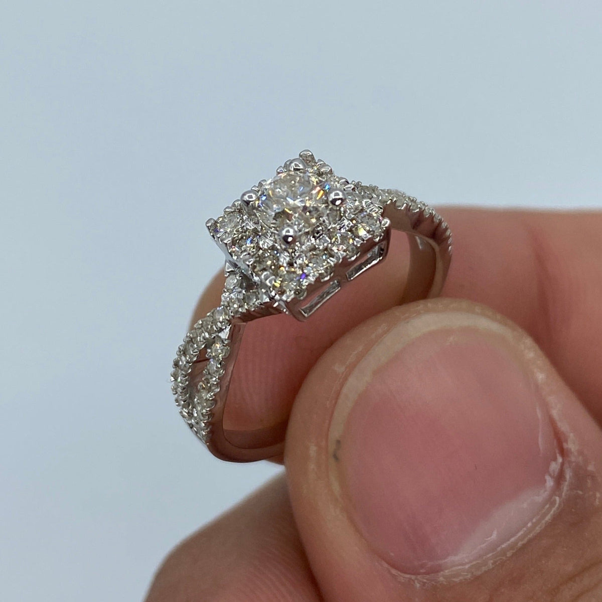 14K Gold Spiral Square Large Center Stone Diamond Engagement Ring in white gold - close-up product photo