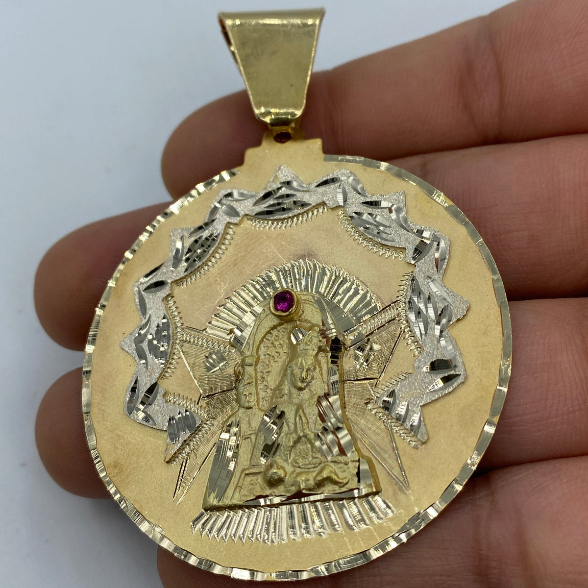 14K Gold Saint Caridad Del Cobre Round Medallion Pendant 2.8 in - additional product view 3