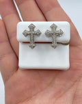 14K Gold Small Cross Diamond Earrings in white gold - close-up product photo
