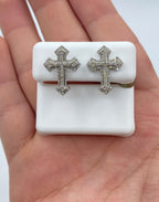 14K Gold Small Cross Diamond Earrings in white gold - close-up product photo
