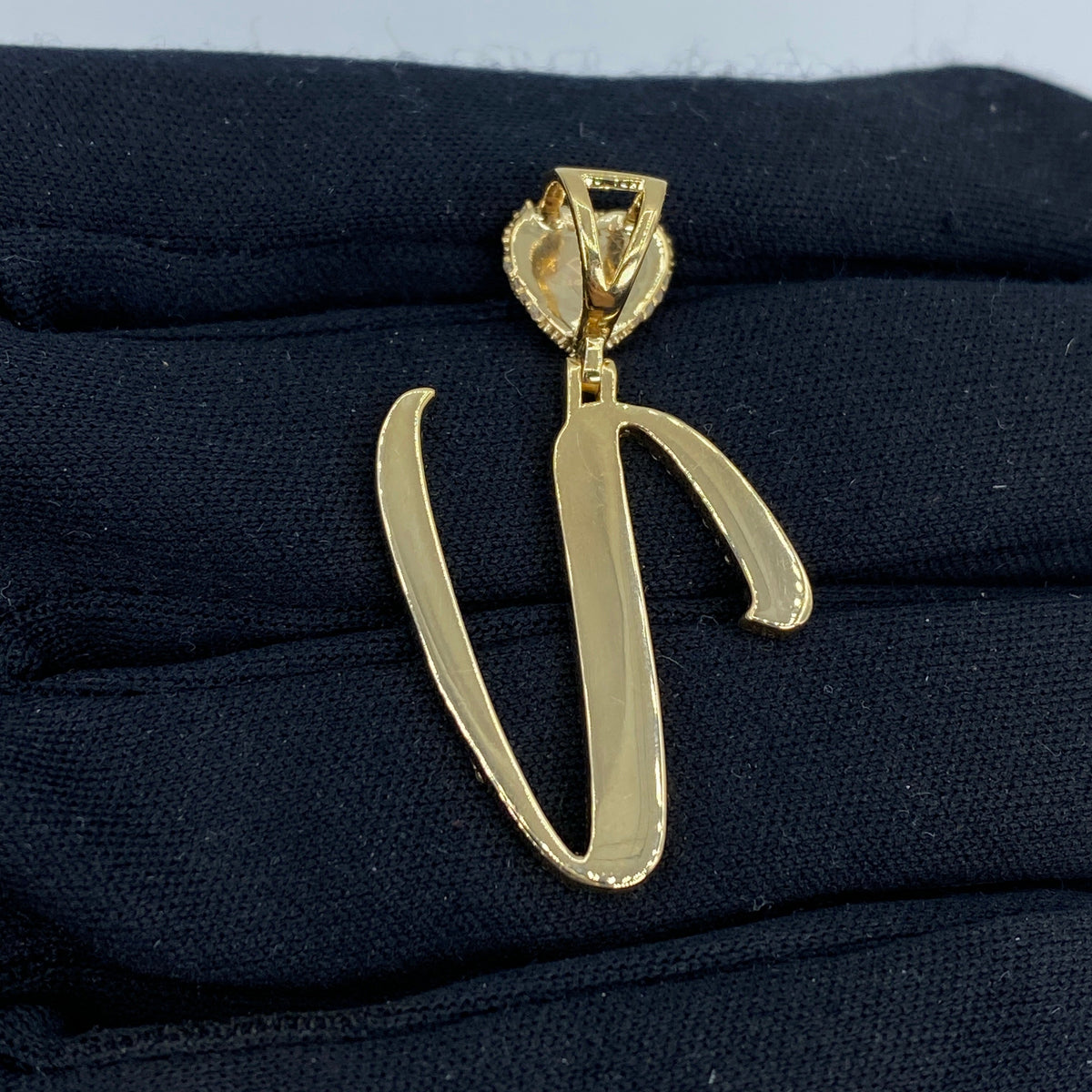 14K Gold Initial V Script Heart Diamond Pendant - additional product view 5