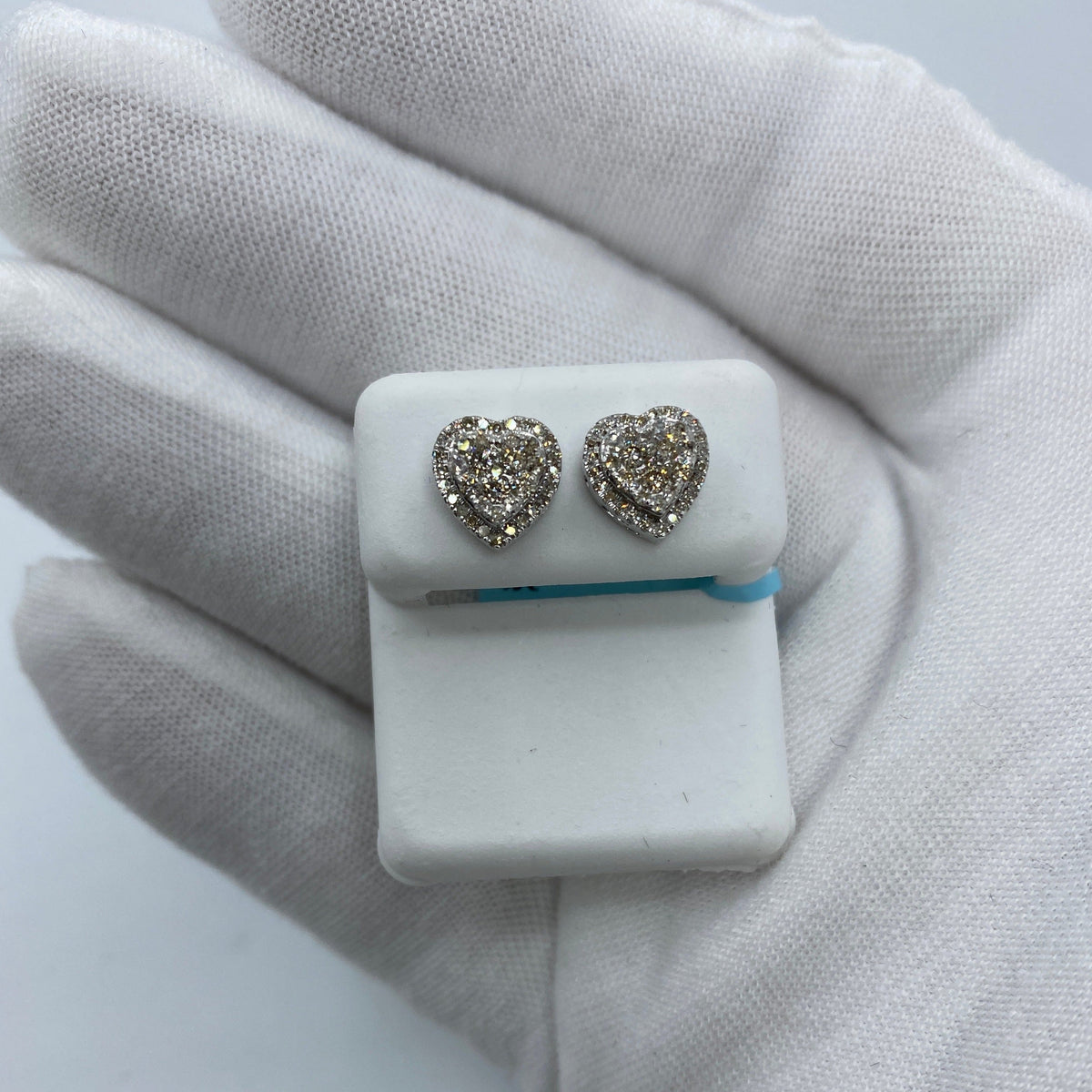 14K Gold Halo Heart Diamond Earrings in white gold - close-up product photo