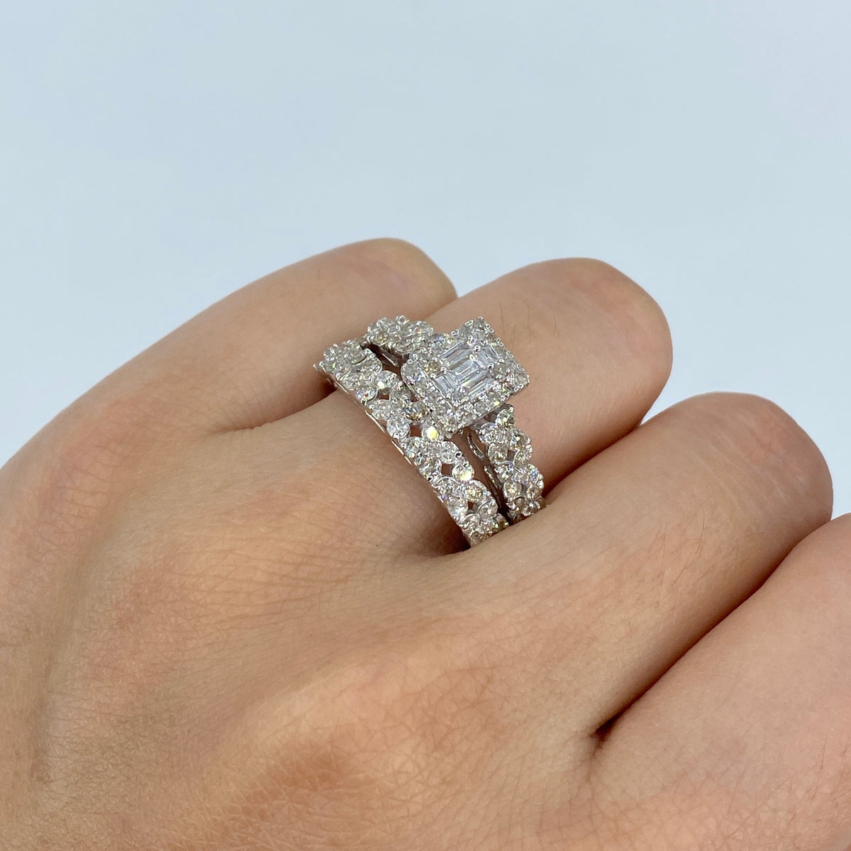 14K Gold Square Diamond Baguette Engagement Ring with Stack Band in white gold - close-up product photo