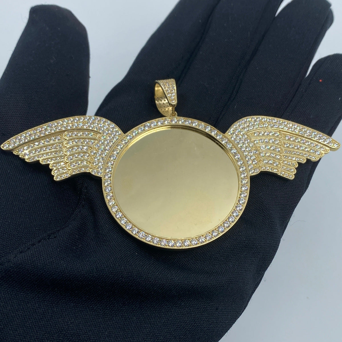 10K Gold Circle Angel Wings Picture Photo CZ Pendant - additional product view 2